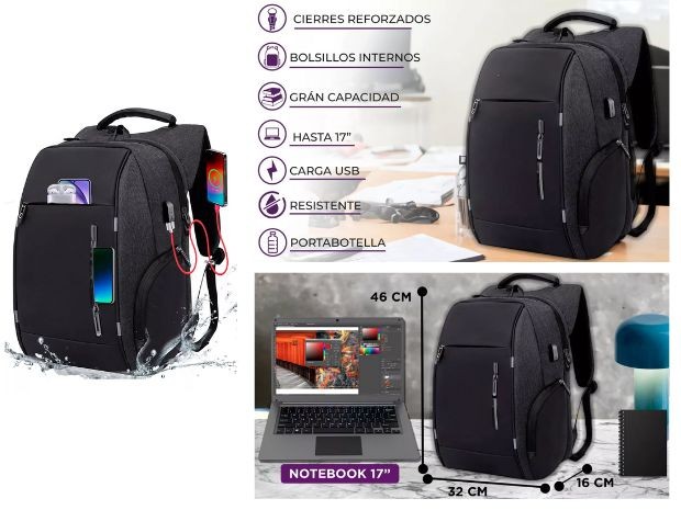 &u+ MOCHILA IMPERMEABLE CARGA USB Y CIERRES REFORZADOS (B07)